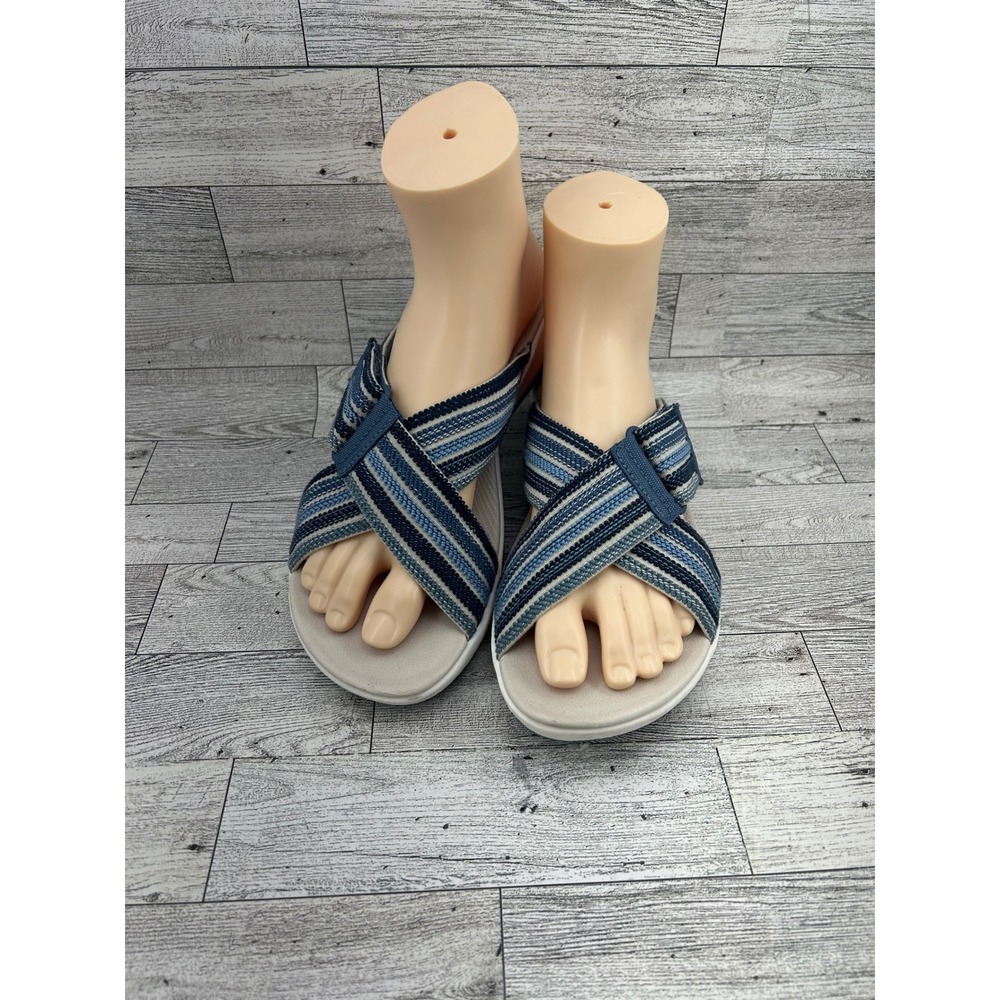 Clarks Cloudsteppers Sandals US 9M Navy‎ Blue Woven Criss Cross Comfort Slides